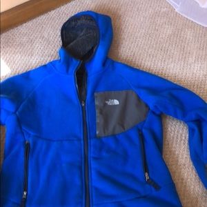 North face blue hooded fleece jacket